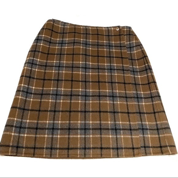Alexandra Bartlett Brown Blue Plaid Wool Angora Knee A Line Wrap Skirt - Picture 4 of 12